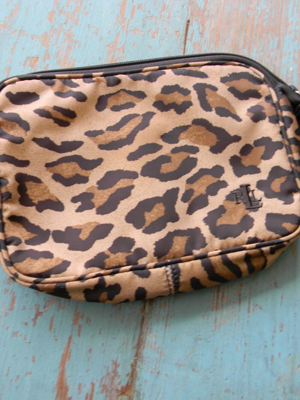 LAUREN RALPH LAUREN BROWN LEOPARD ANIMAL PRINT NYLON COSMETIC ZIP POUCH BAG